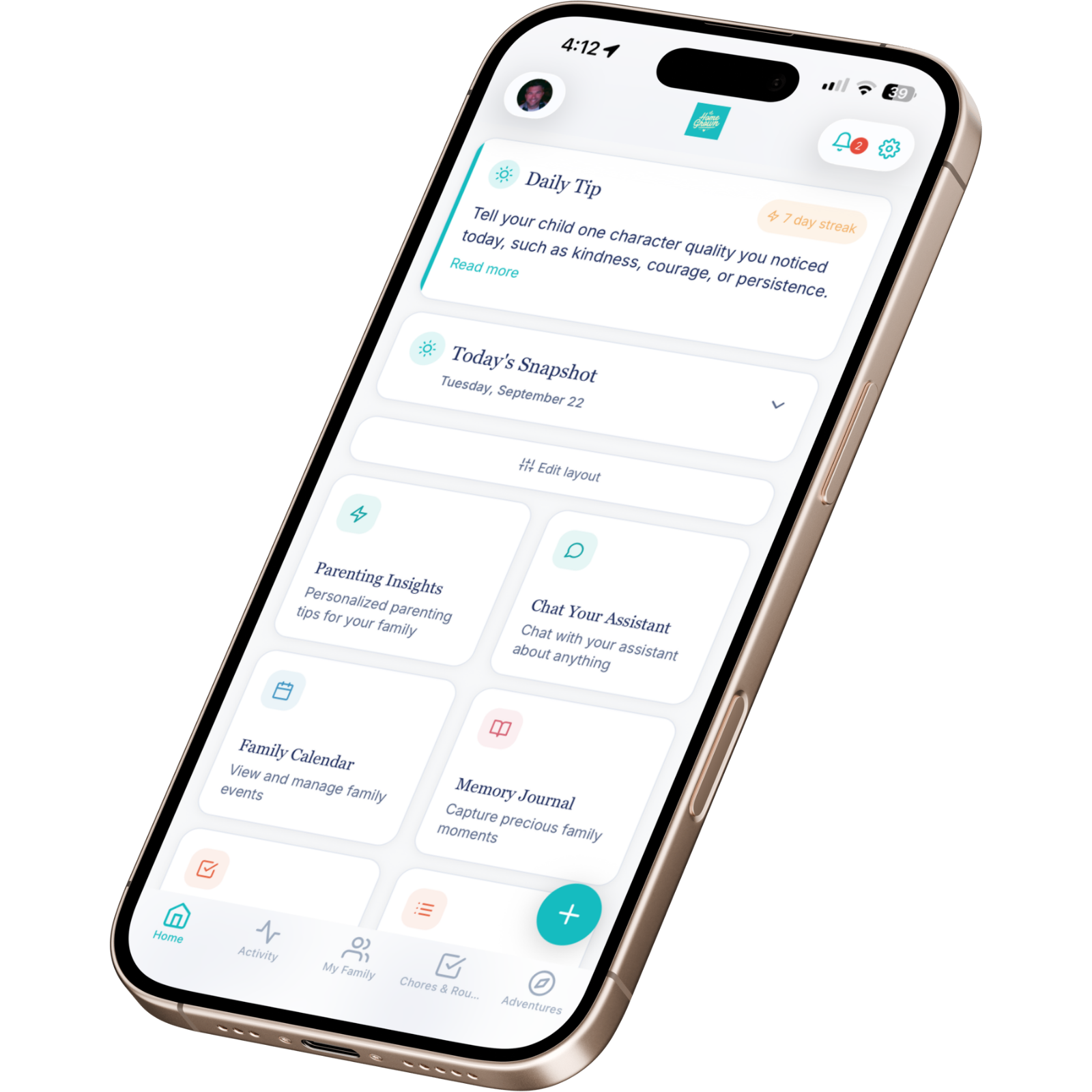 HomeGrown app home screen on a phone showing a daily tip and family planning tools